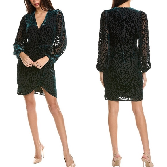 Toccin NY Doris Draped Long Sleeve Leopard Velvet Mini Dress 4 - Picture 1 of 6